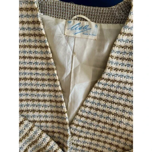 Vintage CISA OF ITALY Knit Cream Skirt Suit, Gold Silver Check Pattern, Size 10